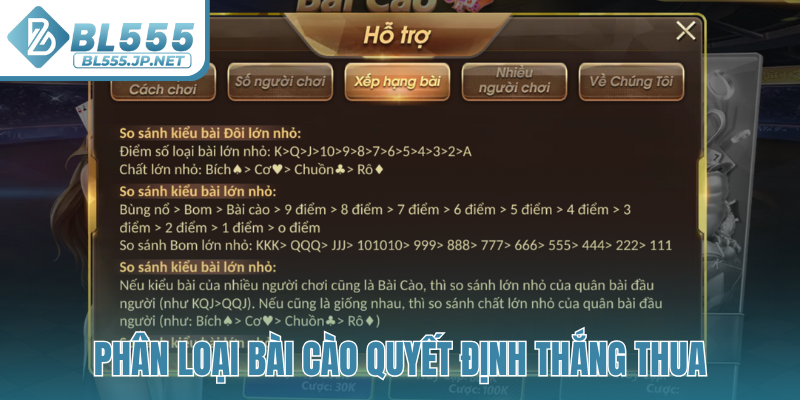 Phân loại Bài Cào quyết định thắng thua